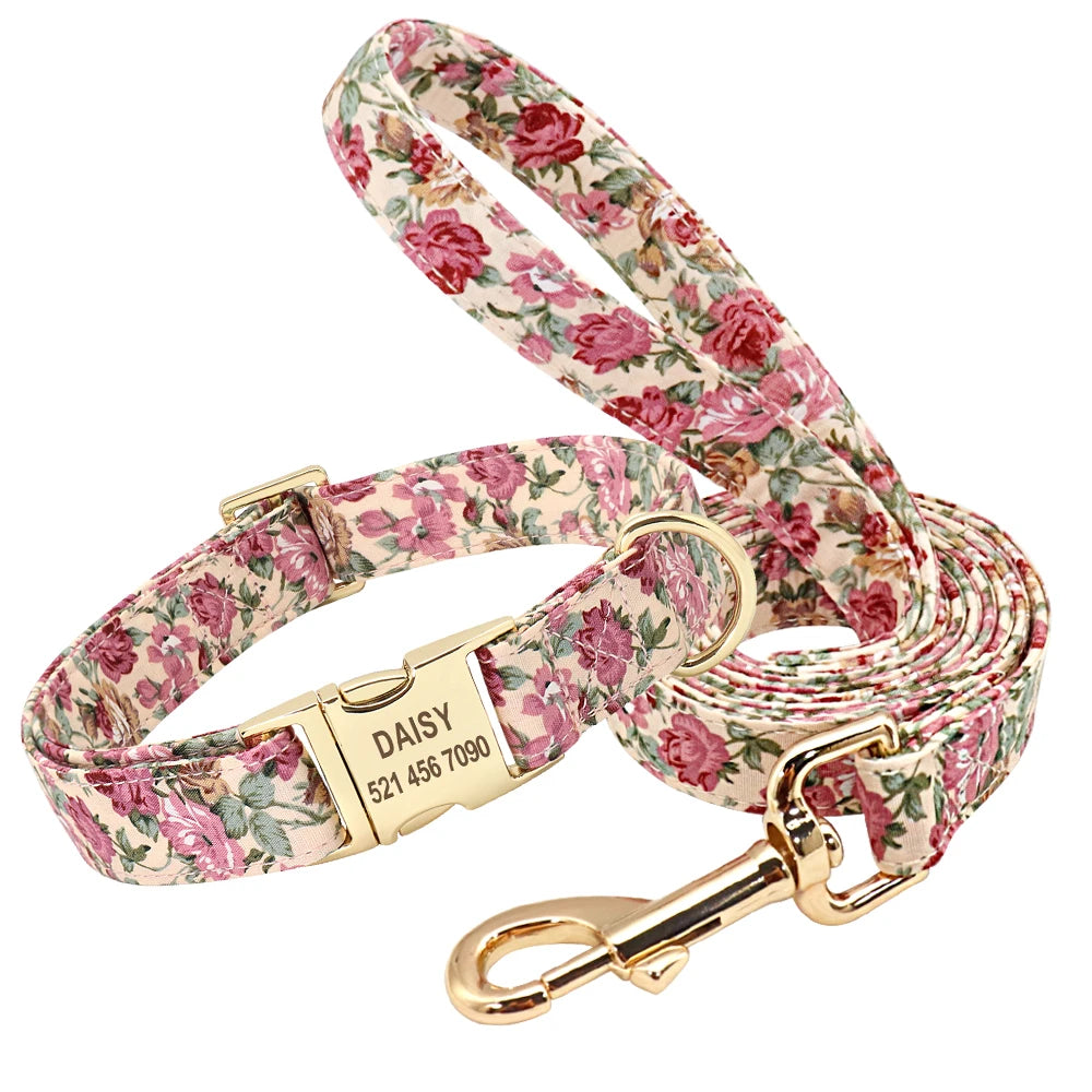 Personalized Floral Dog Collar and Leash Set Custom Small Medium Large Dog Pet ID Collar Lead Flower Print Dog Engraved Collars