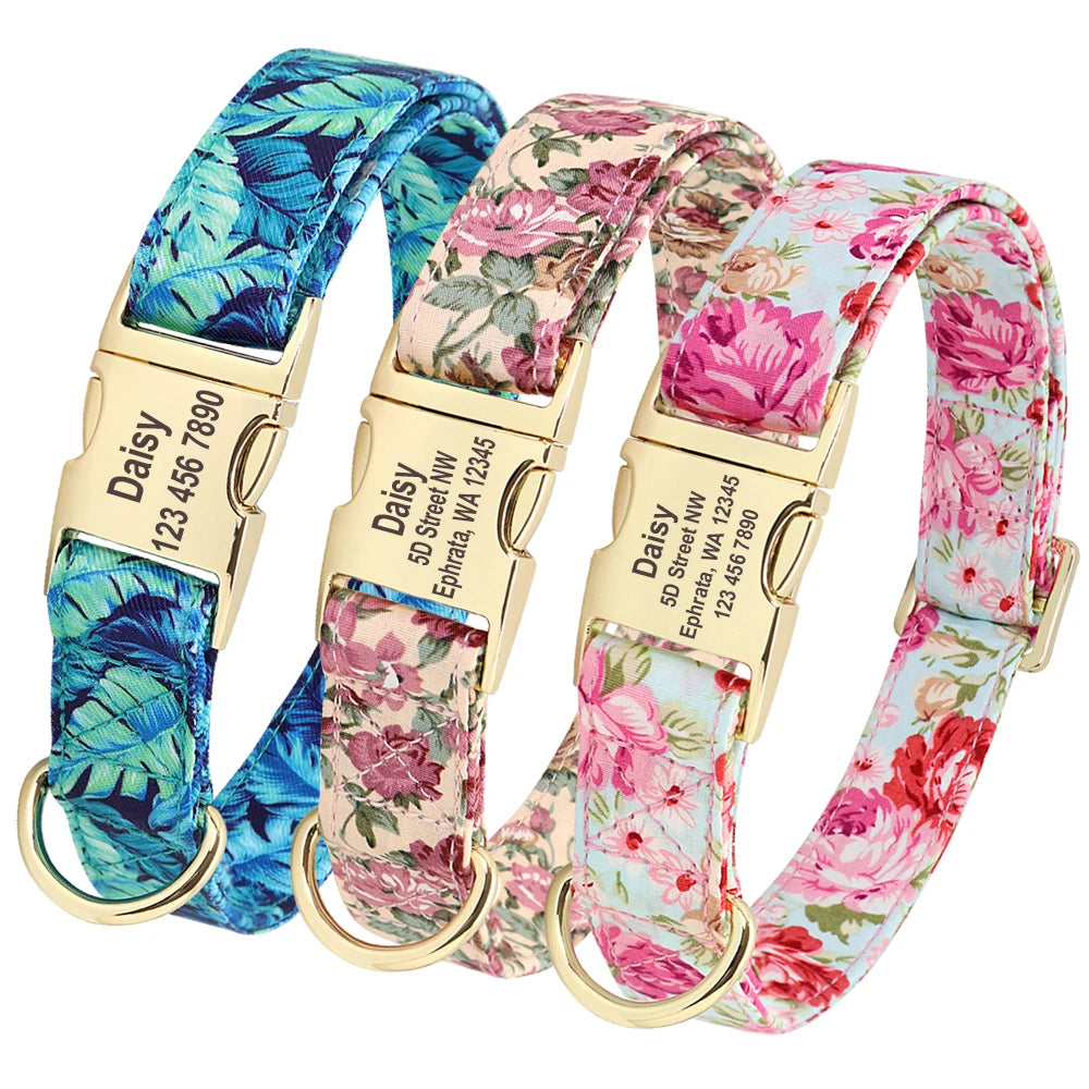 Personalized Floral Dog Collar and Leash Set Custom Small Medium Large Dog Pet ID Collar Lead Flower Print Dog Engraved Collars