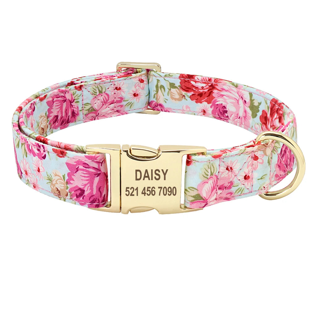 Personalized Floral Dog Collar and Leash Set Custom Small Medium Large Dog Pet ID Collar Lead Flower Print Dog Engraved Collars