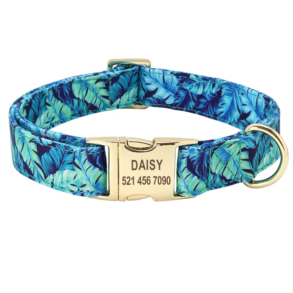 Personalized Floral Dog Collar and Leash Set Custom Small Medium Large Dog Pet ID Collar Lead Flower Print Dog Engraved Collars