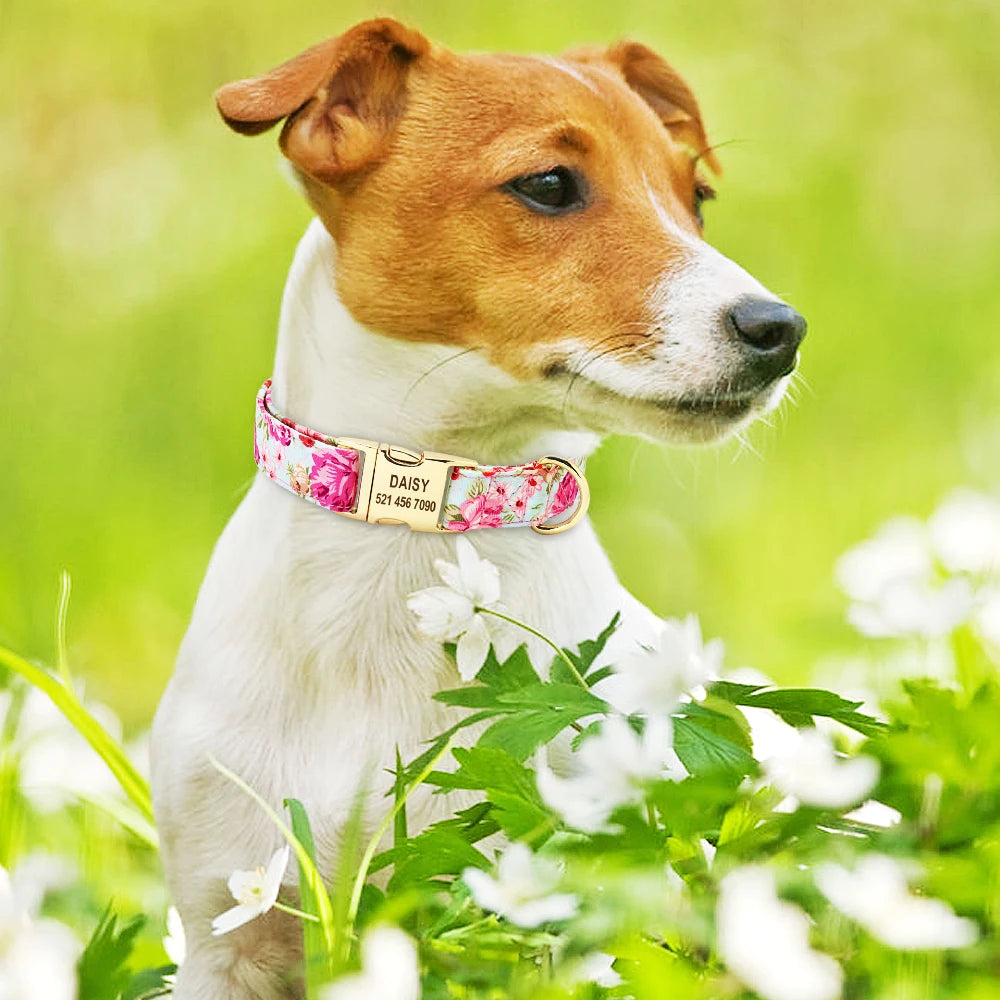 Personalized Floral Dog Collar and Leash Set Custom Small Medium Large Dog Pet ID Collar Lead Flower Print Dog Engraved Collars