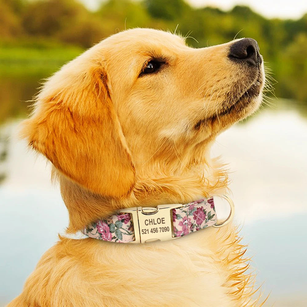 Personalized Floral Dog Collar and Leash Set Custom Small Medium Large Dog Pet ID Collar Lead Flower Print Dog Engraved Collars