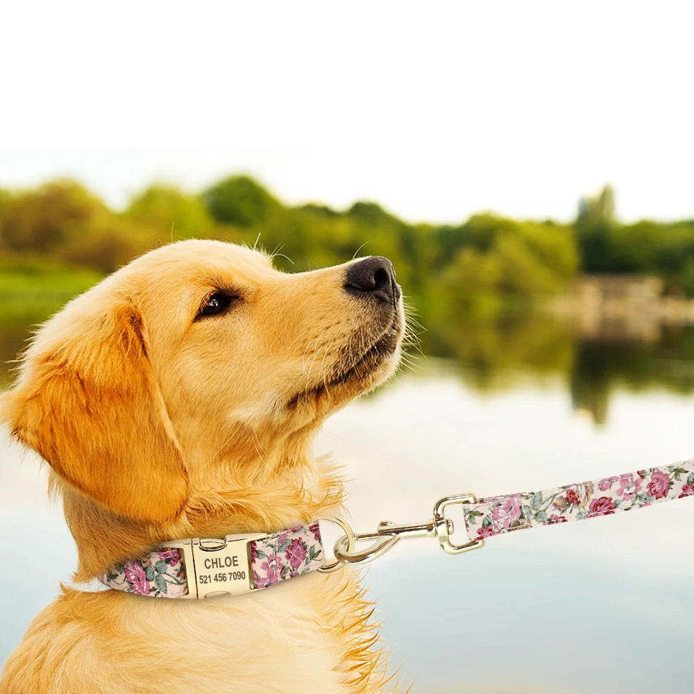 Personalized Floral Dog Collar and Leash Set Custom Small Medium Large Dog Pet ID Collar Lead Flower Print Dog Engraved Collars