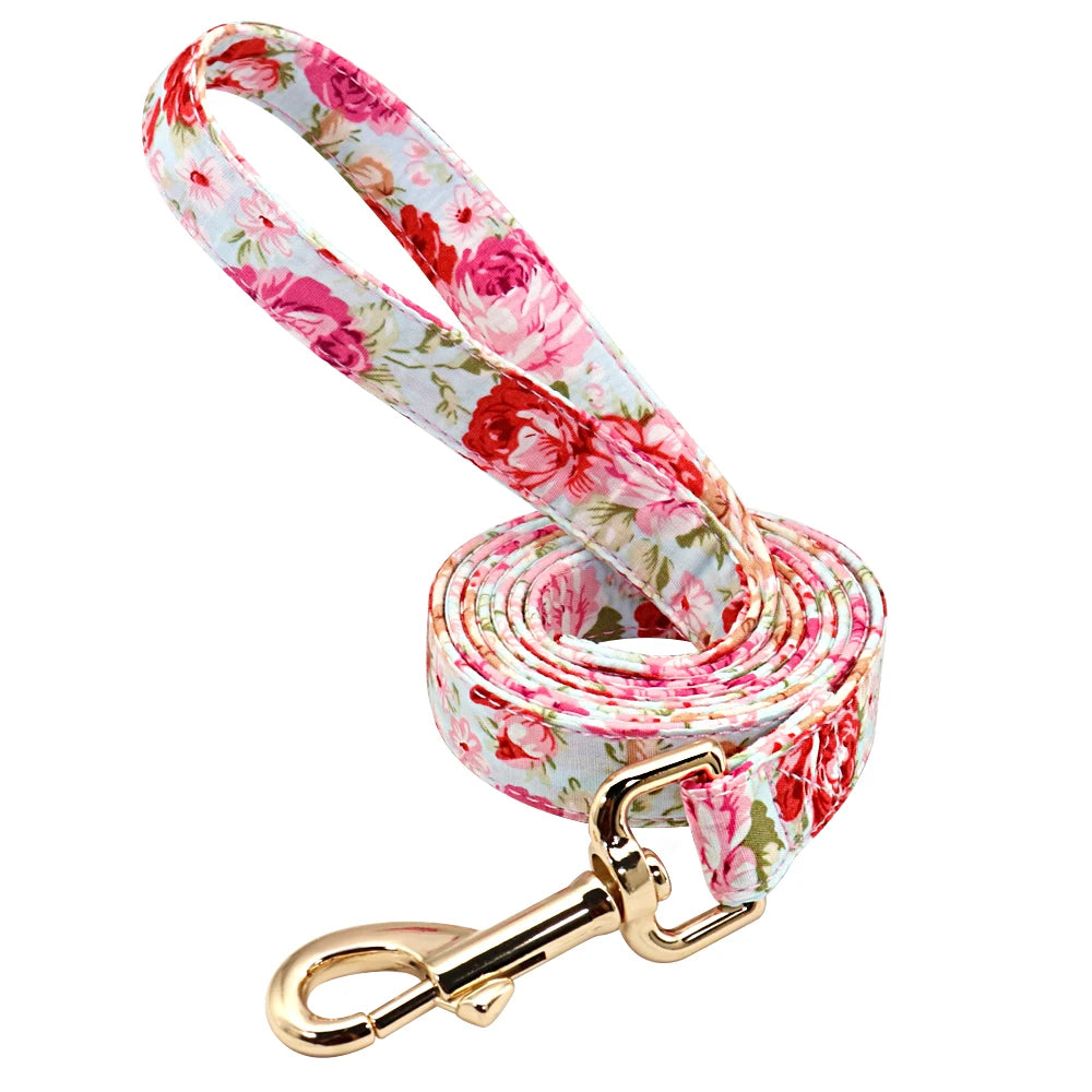 Personalized Floral Dog Collar and Leash Set Custom Small Medium Large Dog Pet ID Collar Lead Flower Print Dog Engraved Collars