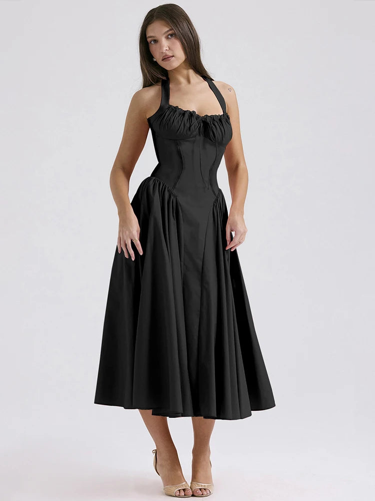 Townlike Waist Wrap Print A-line Elegant Midi Long Dress Women Halter 2024 Spring Summer Dress Backless Sexy Party Dresses