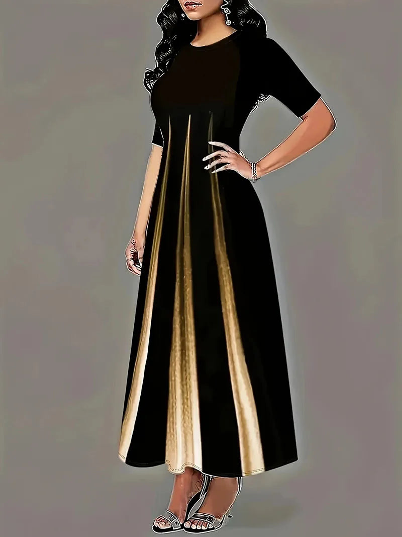 Summer New Round Neck Style Celebrity Printed Gradient Long Dress