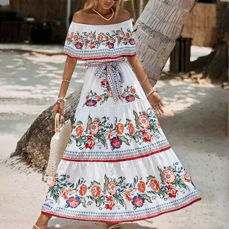 Amazon Off-shoulder Printing Long Dress New Arrival European American Foreign Trade Spring Summer Season Women Fashion