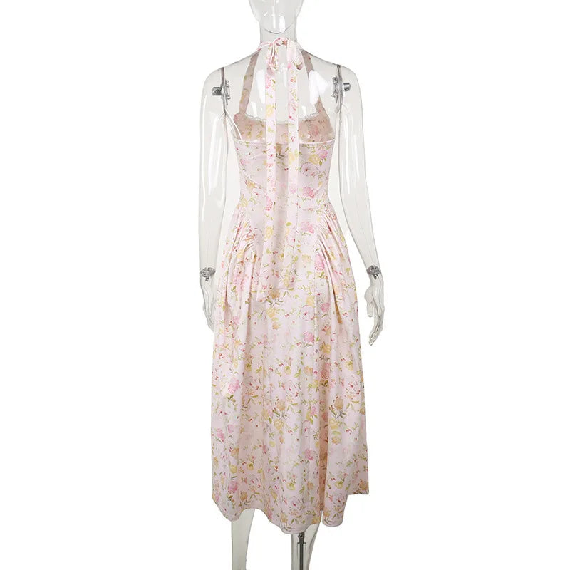 Townlike Waist Wrap Print A-line Elegant Midi Long Dress Women Halter 2024 Spring Summer Dress Backless Sexy Party Dresses