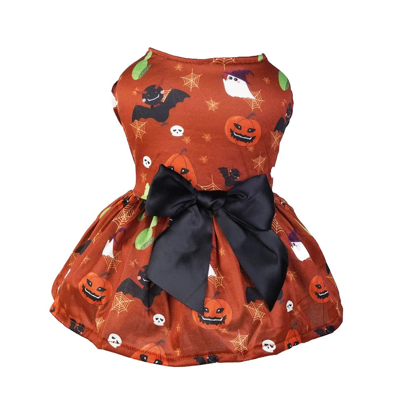 Halloween Dog Clothes Funny Pet Dress Pumpkin Print Dress Chihuahua Yorkie Bow Mesh Dress Pet Party Clothing Cat Dog Costume