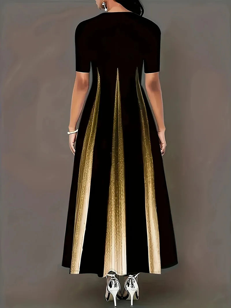 Summer New Round Neck Style Celebrity Printed Gradient Long Dress
