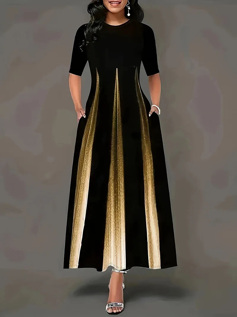 Summer New Round Neck Style Celebrity Printed Gradient Long Dress