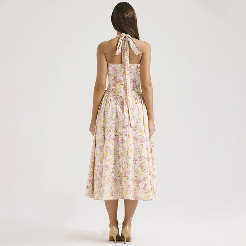 Townlike Waist Wrap Print A-line Elegant Midi Long Dress Women Halter 2024 Spring Summer Dress Backless Sexy Party Dresses