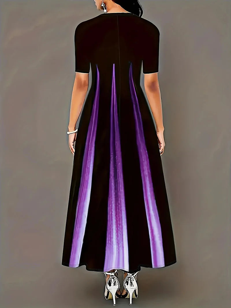 Summer New Round Neck Style Celebrity Printed Gradient Long Dress