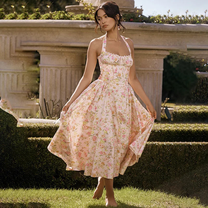 Townlike Waist Wrap Print A-line Elegant Midi Long Dress Women Halter 2024 Spring Summer Dress Backless Sexy Party Dresses