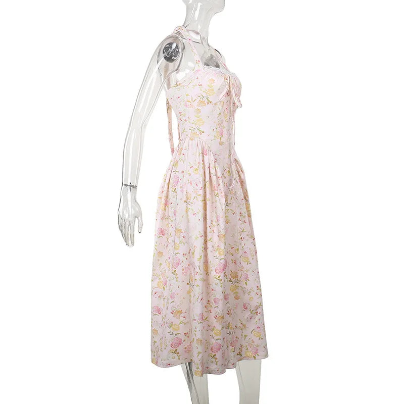 Townlike Waist Wrap Print A-line Elegant Midi Long Dress Women Halter 2024 Spring Summer Dress Backless Sexy Party Dresses