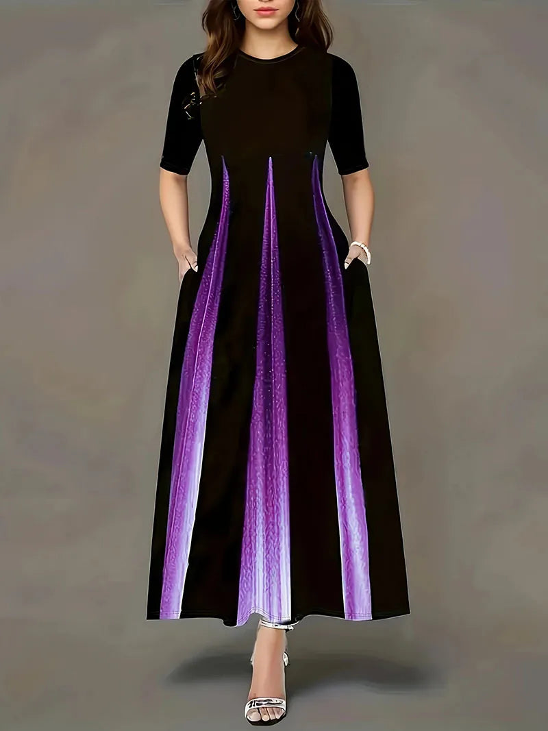 Summer New Round Neck Style Celebrity Printed Gradient Long Dress