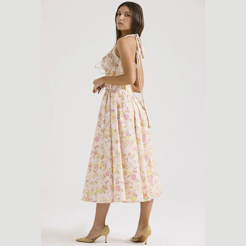 Townlike Waist Wrap Print A-line Elegant Midi Long Dress Women Halter 2024 Spring Summer Dress Backless Sexy Party Dresses