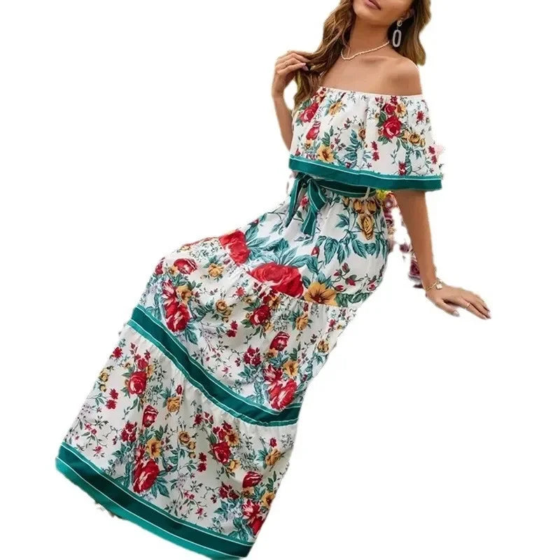 Amazon Off-shoulder Printing Long Dress New Arrival European American Foreign Trade Spring Summer Season Women Fashion