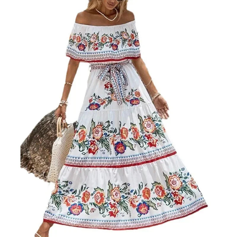 Amazon Off-shoulder Printing Long Dress New Arrival European American Foreign Trade Spring Summer Season Women Fashion