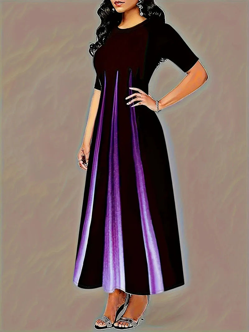 Summer New Round Neck Style Celebrity Printed Gradient Long Dress