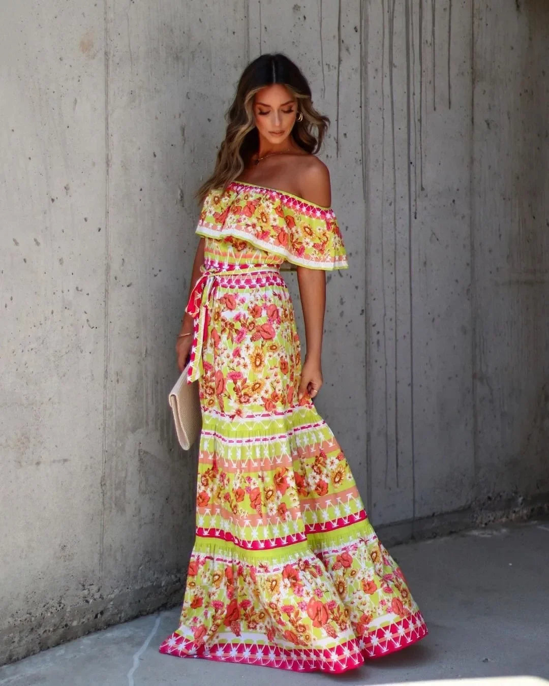 Amazon Off-shoulder Printing Long Dress New Arrival European American Foreign Trade Spring Summer Season Women Fashion