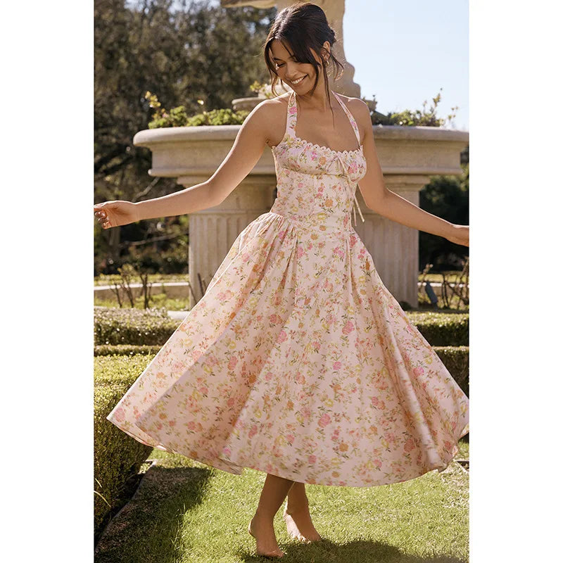 Townlike Waist Wrap Print A-line Elegant Midi Long Dress Women Halter 2024 Spring Summer Dress Backless Sexy Party Dresses