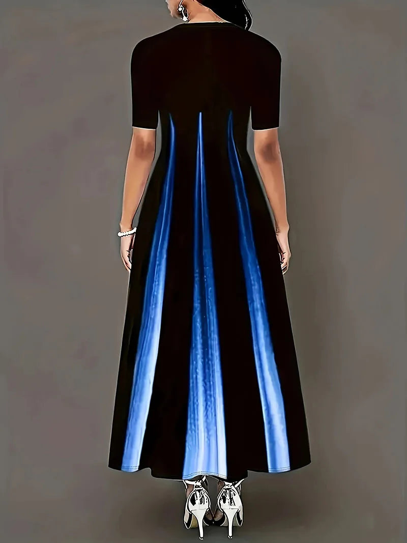 Summer New Round Neck Style Celebrity Printed Gradient Long Dress