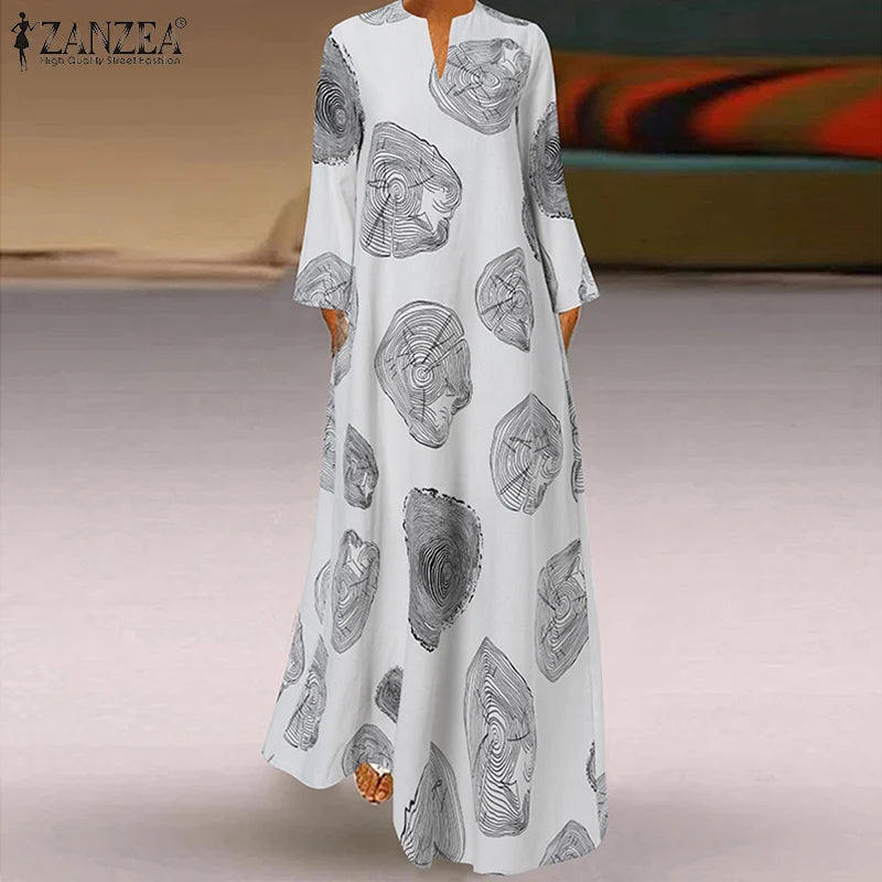Vintage Maxi Dresses ZANZEA Autumn Women Long Dress V Neck Long Sleeve Printed Sundress Maxi Vestidos Kaftan Robe Femme
