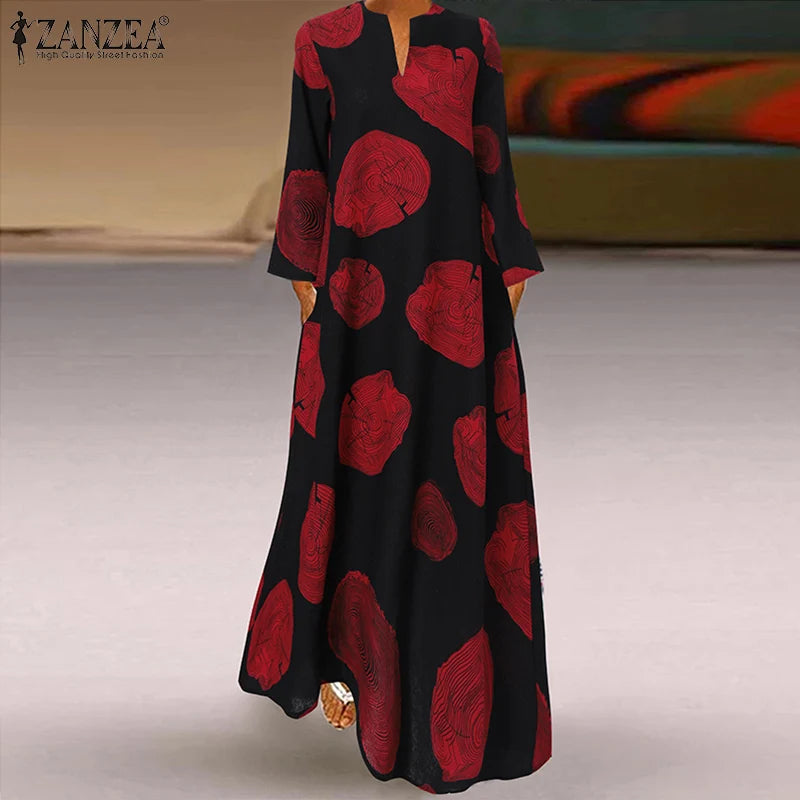 Vintage Maxi Dresses ZANZEA Autumn Women Long Dress V Neck Long Sleeve Printed Sundress Maxi Vestidos Kaftan Robe Femme