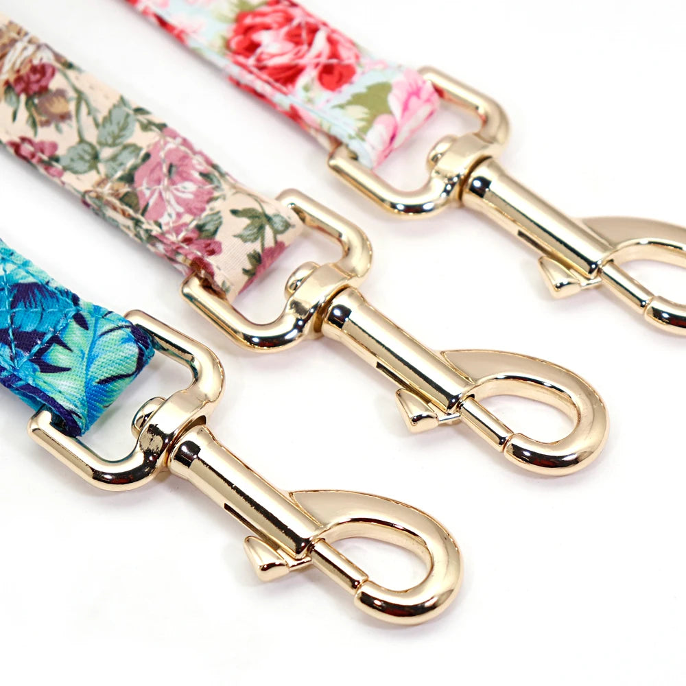 Personalized Floral Dog Collar and Leash Set Custom Small Medium Large Dog Pet ID Collar Lead Flower Print Dog Engraved Collars