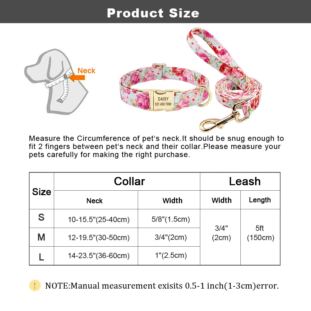 Personalized Floral Dog Collar and Leash Set Custom Small Medium Large Dog Pet ID Collar Lead Flower Print Dog Engraved Collars