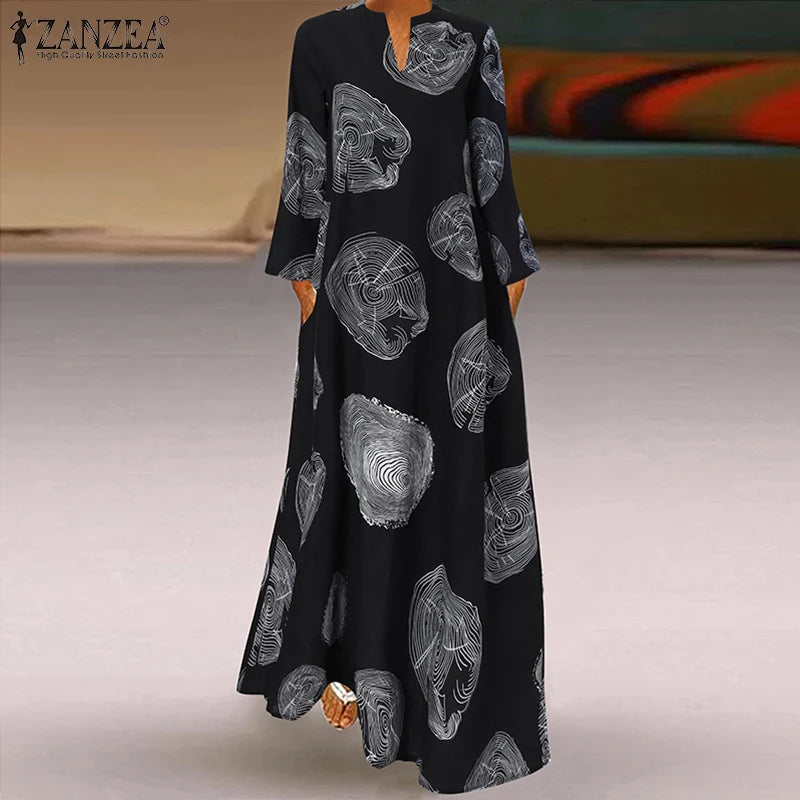 Vintage Maxi Dresses ZANZEA Autumn Women Long Dress V Neck Long Sleeve Printed Sundress Maxi Vestidos Kaftan Robe Femme