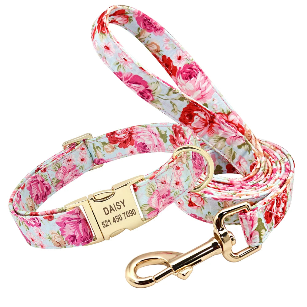 Personalized Floral Dog Collar and Leash Set Custom Small Medium Large Dog Pet ID Collar Lead Flower Print Dog Engraved Collars