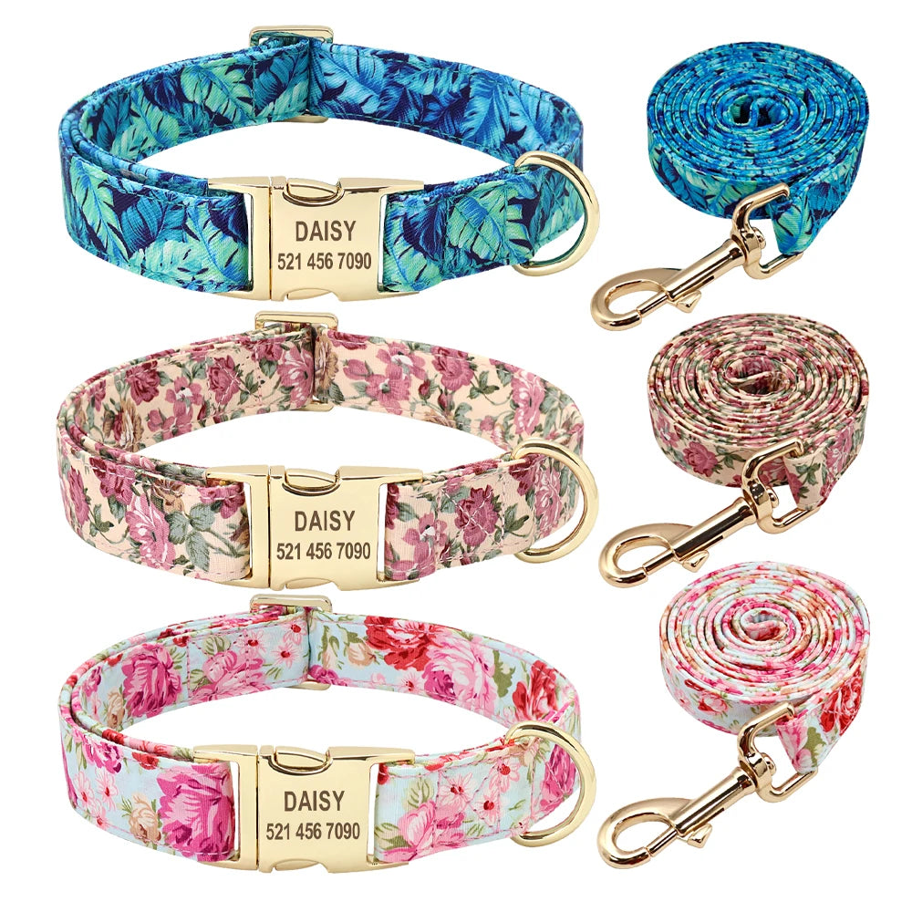 Personalized Floral Dog Collar and Leash Set Custom Small Medium Large Dog Pet ID Collar Lead Flower Print Dog Engraved Collars