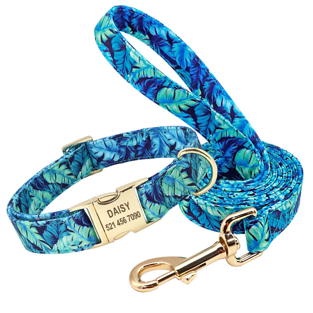 Personalized Floral Dog Collar and Leash Set Custom Small Medium Large Dog Pet ID Collar Lead Flower Print Dog Engraved Collars