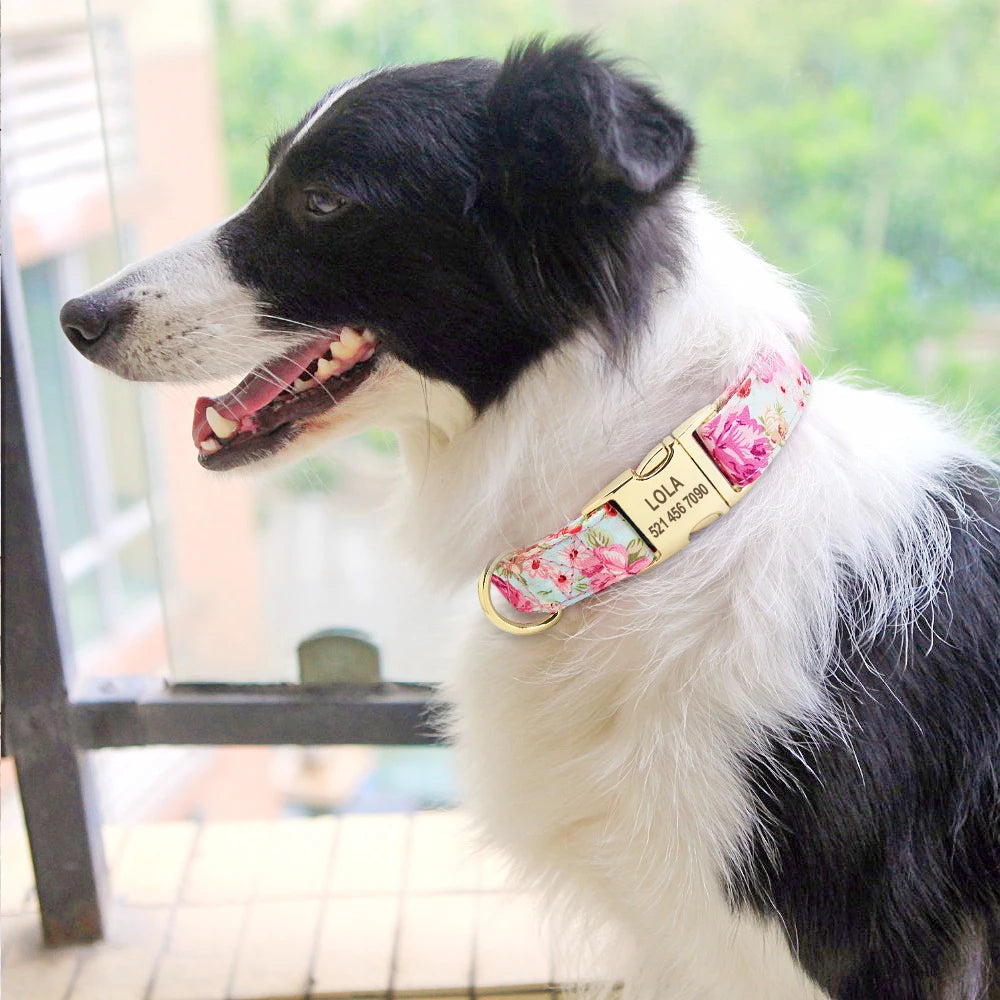 Personalized Floral Dog Collar and Leash Set Custom Small Medium Large Dog Pet ID Collar Lead Flower Print Dog Engraved Collars