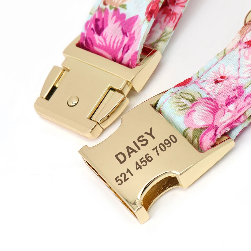 Personalized Floral Dog Collar and Leash Set Custom Small Medium Large Dog Pet ID Collar Lead Flower Print Dog Engraved Collars