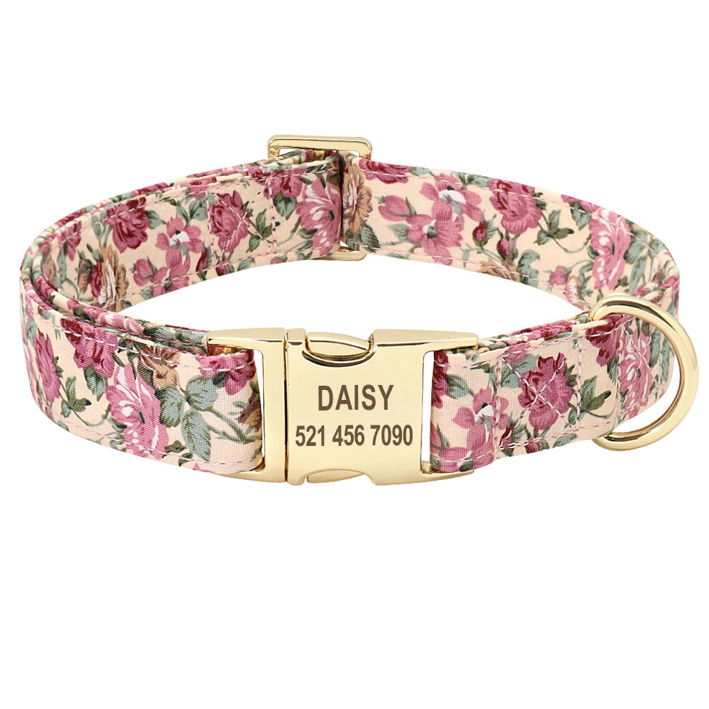 Personalized Floral Dog Collar and Leash Set Custom Small Medium Large Dog Pet ID Collar Lead Flower Print Dog Engraved Collars