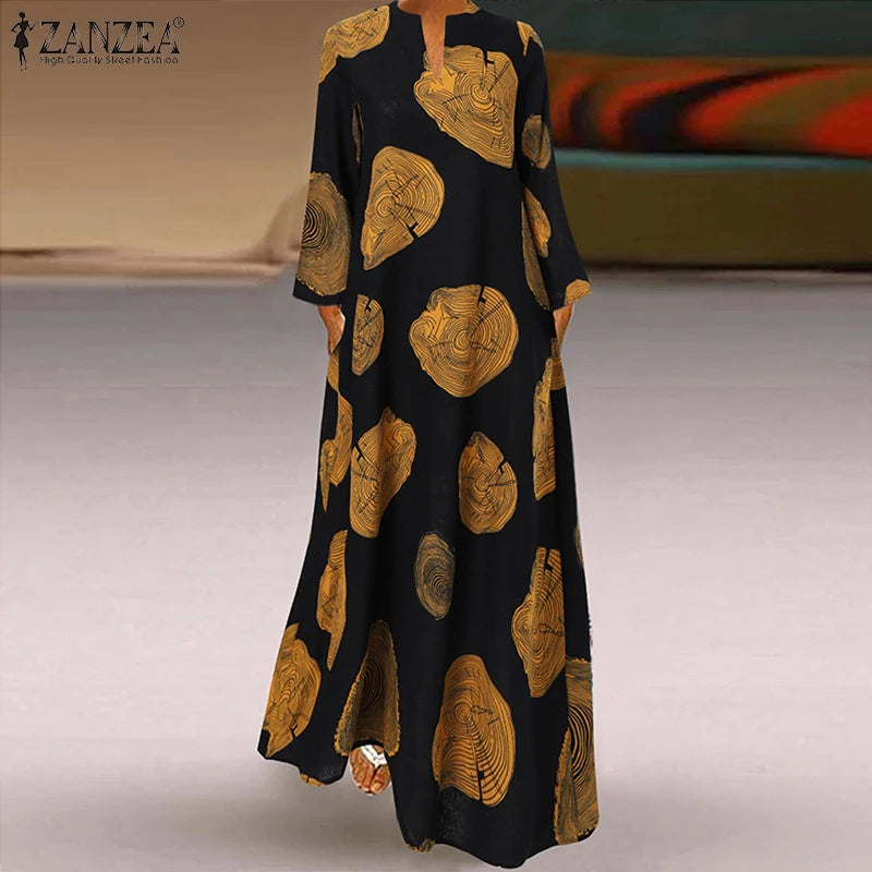 Vintage Maxi Dresses ZANZEA Autumn Women Long Dress V Neck Long Sleeve Printed Sundress Maxi Vestidos Kaftan Robe Femme