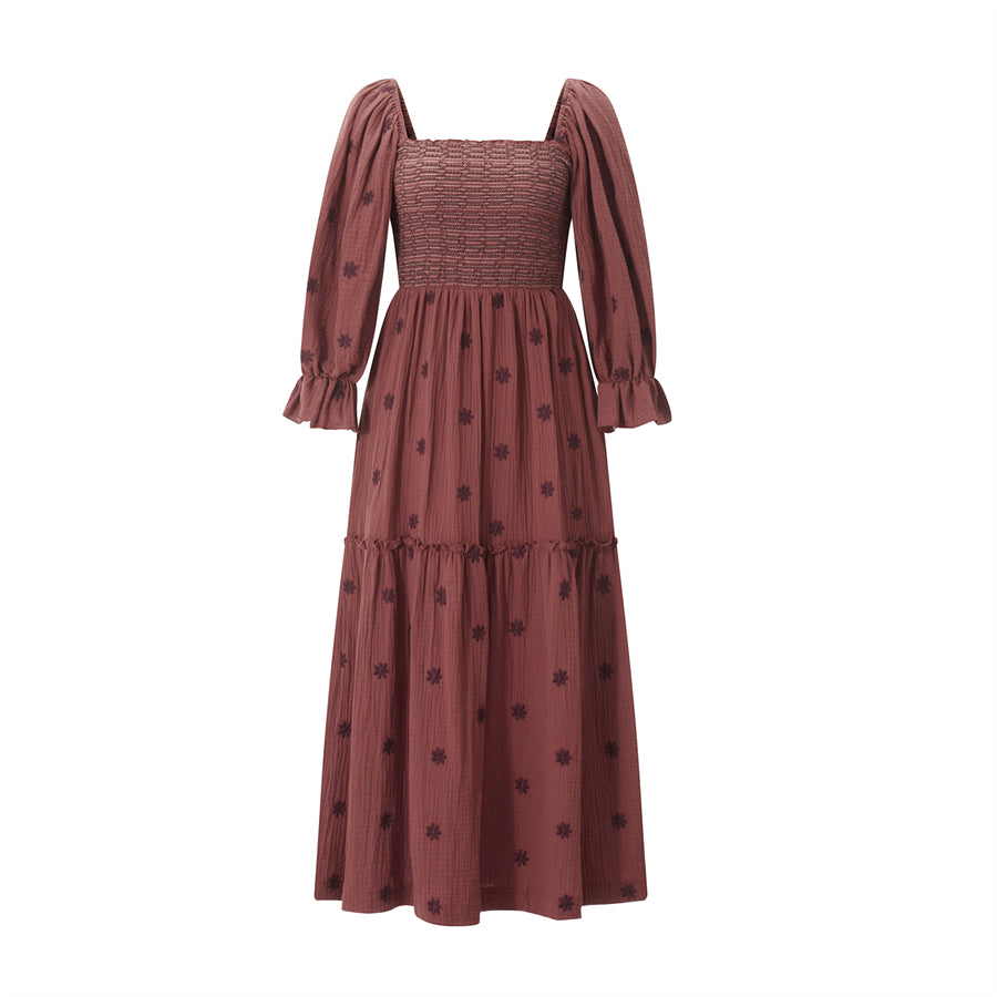 wsevypo Retro Embroidered Flowers Flowy Long Dress Women's Long Puff Sleeve Square Neck Smocked A-Line Dress for Beach Vacation