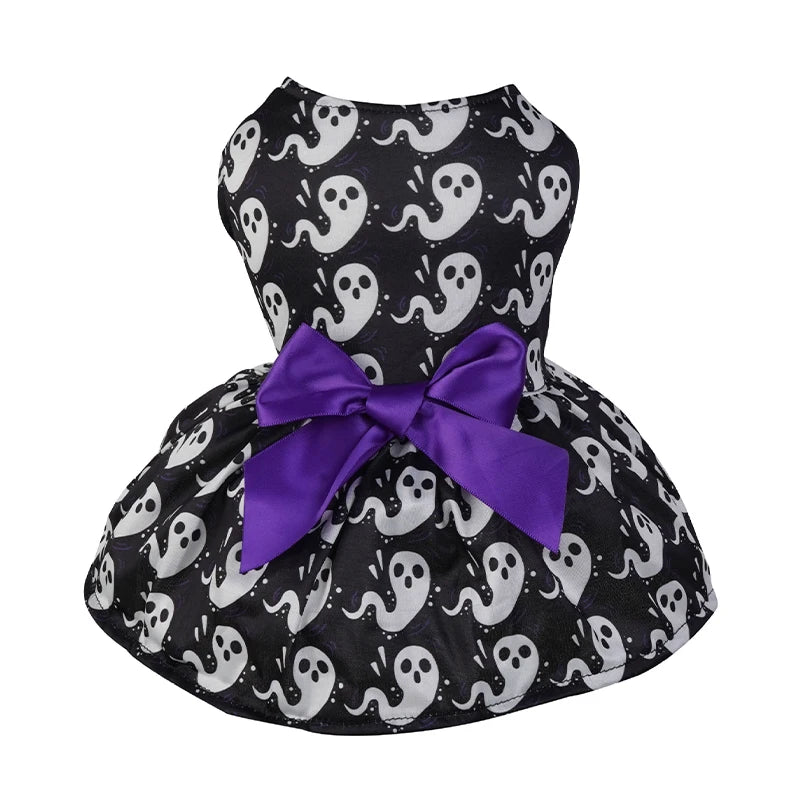Halloween Dog Clothes  Funny Pet Dress Pumpkin Print Dress Chihuahua Yorkie Bow Mesh Dress Pet Party Clothing Cat Dog Costume