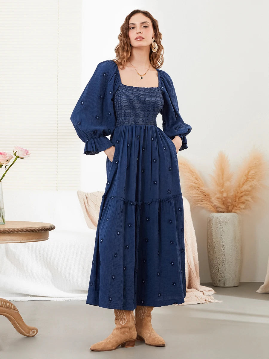 wsevypo Retro Embroidered Flowers Flowy Long Dress Women's Long Puff Sleeve Square Neck Smocked A-Line Dress for Beach Vacation