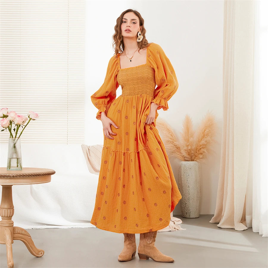 wsevypo Retro Embroidered Flowers Flowy Long Dress Women's Long Puff Sleeve Square Neck Smocked A-Line Dress for Beach Vacation