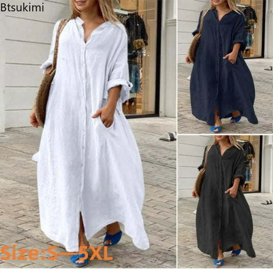 2025 Women's Casual Cotton Linen Long Dress Solid Long Sleeve Oversize Shirt Dresses Female Fashion Loose Ladies' Clothing Dress