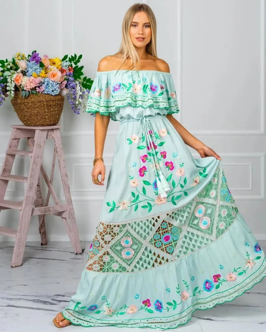 Amazon Off-shoulder Printing Long Dress New Arrival European American Foreign Trade Spring Summer Season Women Fashion
