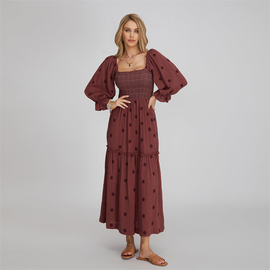 wsevypo Retro Embroidered Flowers Flowy Long Dress Women's Long Puff Sleeve Square Neck Smocked A-Line Dress for Beach Vacation