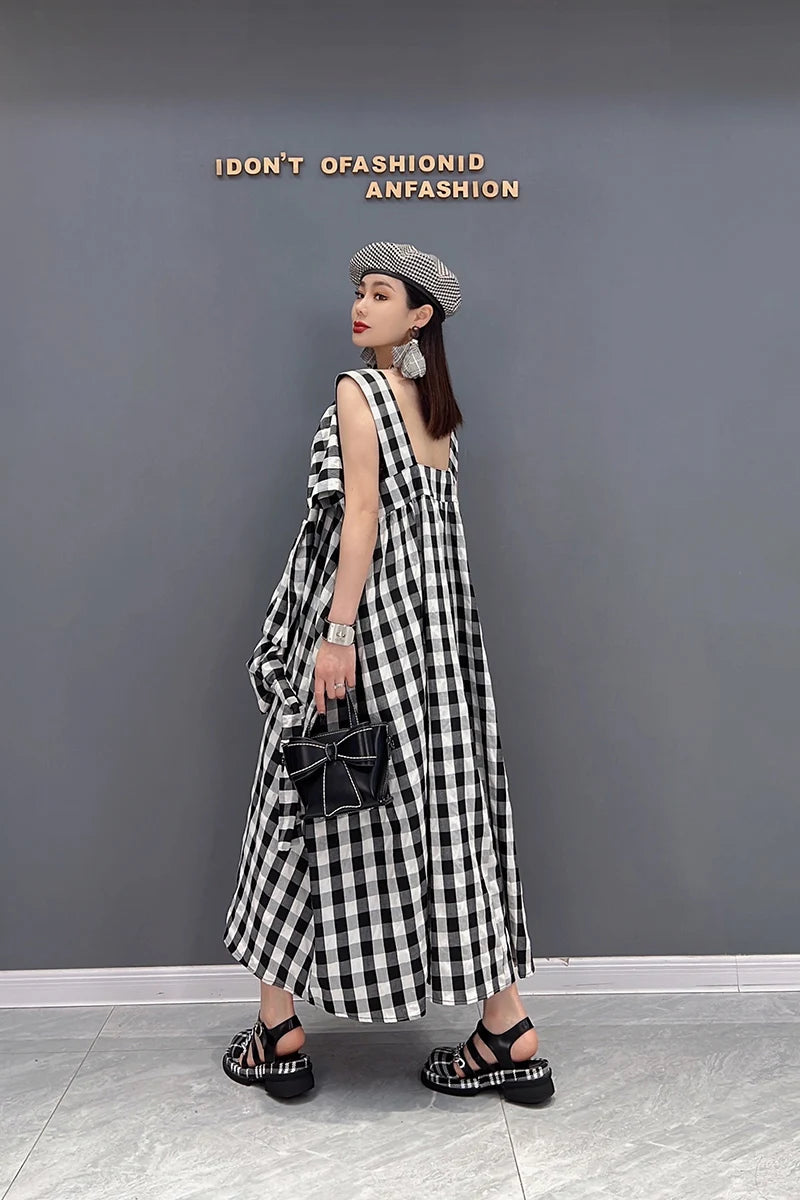 NYFS 2025 Summer New Plaid Dresses Backless Sleeveless Patchwork Bow Small Fresh Minority Elegant Loose Plus Size Long Dress