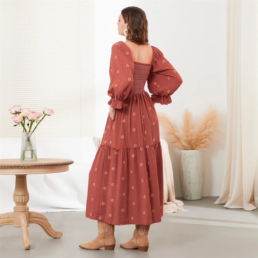 wsevypo Retro Embroidered Flowers Flowy Long Dress Women's Long Puff Sleeve Square Neck Smocked A-Line Dress for Beach Vacation