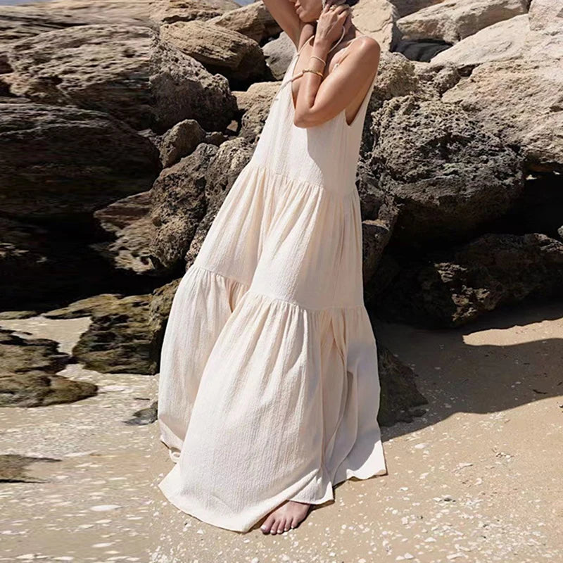 Women Casual Solid Pleat Irregular Long Dress Spring Sexy Double V Neck Backless Hollow Dress Summer Loose Lace-up Sling Dresses