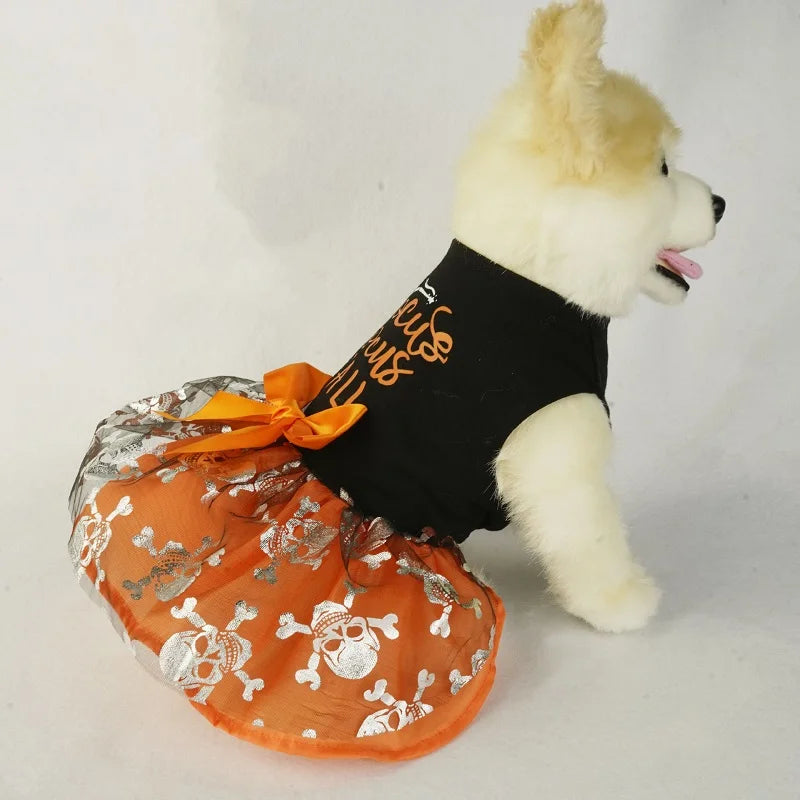Halloween Dog Clothes  Funny Pet Dress Pumpkin Print Dress Chihuahua Yorkie Bow Mesh Dress Pet Party Clothing Cat Dog Costume